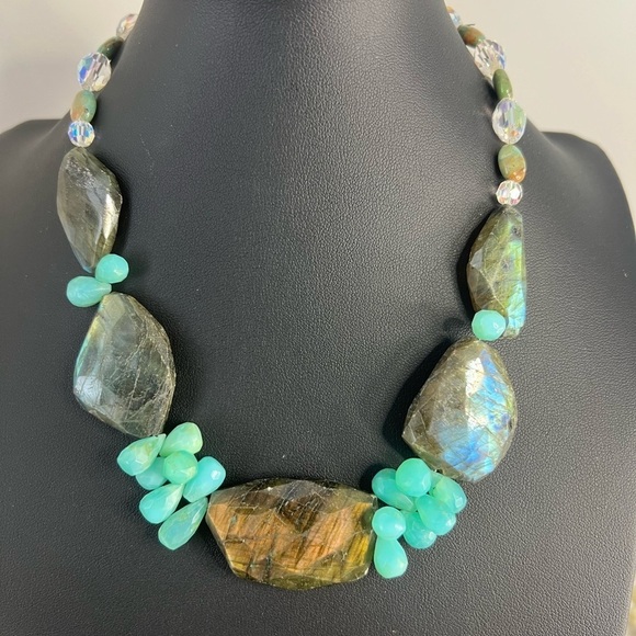 Jewelry - Faceted Labradorite & Chalcedony Stones w/AB Bead Necklace D10